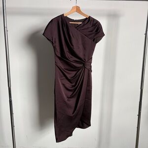 $595 NWT Theia Asymmetrical Draped Satin Dress in Chocolate Sz 4